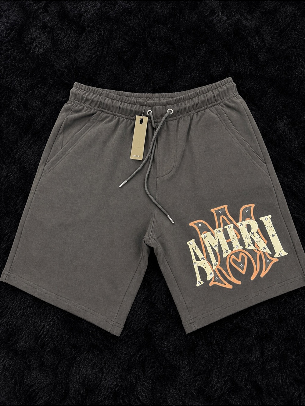 AMIRI Charcoal Athletic Shorts with Cream & Orange Logo
